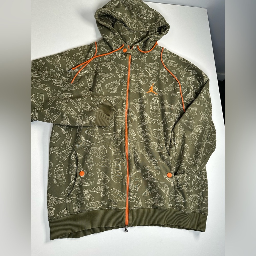Men’s Nike Air Jordan Hoodie, Full Zip, Olive Green in Iconic Sneaker Print, XXL